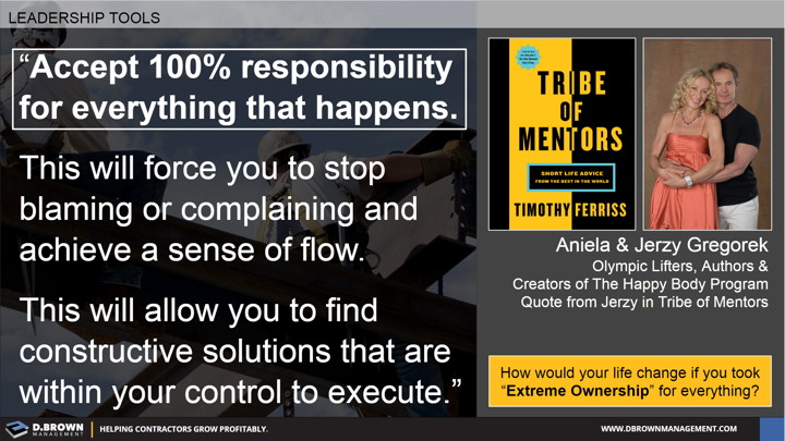 Quote: Accept 100% responsibility for everything that happens. Jerzy Gregorek. Book: Tribe of Mentors by Timothy Ferriss.