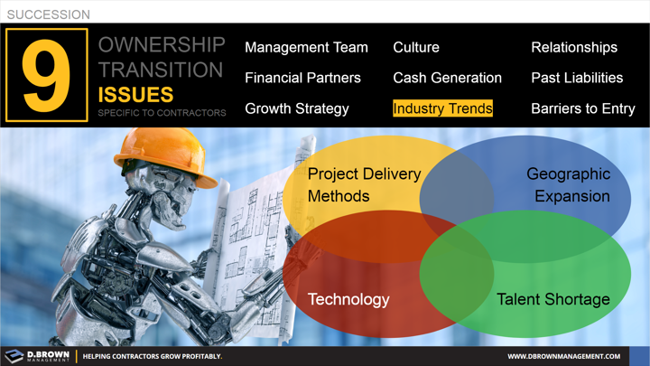Succession: Ownership Transition Issues - Number 8 Industry Trends. Focusing on Project Deliver Methods, Technology, Geographic Expansion, and Talent Shortage.