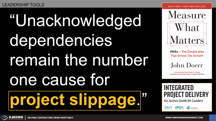 Quote: Unacknowledged dependencies remain the number one cause for project slippage. John Doerr.