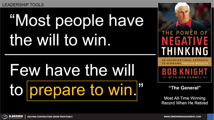 Quote: Most people have the will to win. Fe have the will to prepare to win. Bob Knight. Book: The Power of Negative Thinking by Bob Knight.