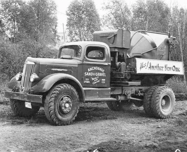 Early ready-mix concrete truck, mid-20th century.