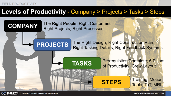 Levels Of Productivity Company, Projects, Tasks, and Steps