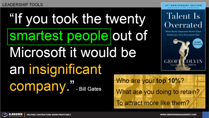 Quote: If you took the twenty smartest people out of Microsoft it would be an insignificant company. Bill Gates. Book: Talent is Overrated by Geoff Colvin.