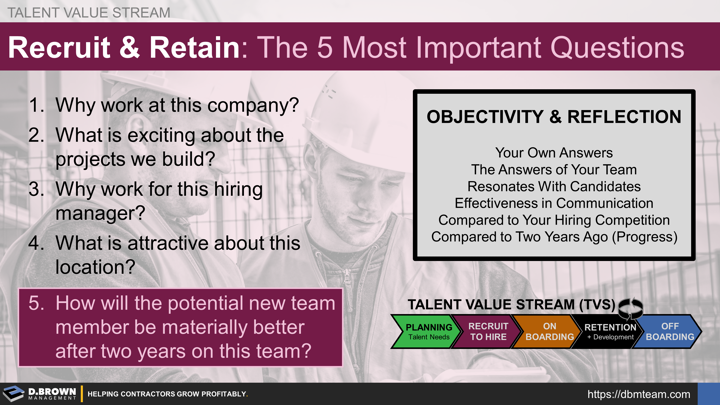 Talent: 5 Questions to Ask: Why work at this company? What is exciting about your projects? Why work for the hiring manager? What is attractive about the area? How will this employee be materially better after 2 years?